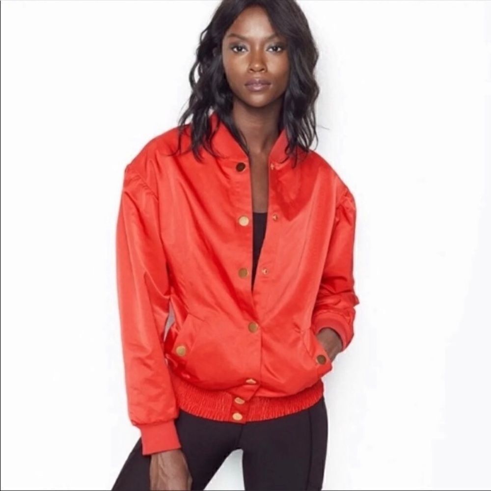 VICTORIAS SECRET SPORT RED SATIN BOMBER JACKET COAT/GOLD HARD WEAR Size Small